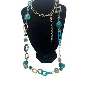 Long Teal Mixed Media Necklace 39+3" Acrylic Glass Bead Gold Tone Designer Style